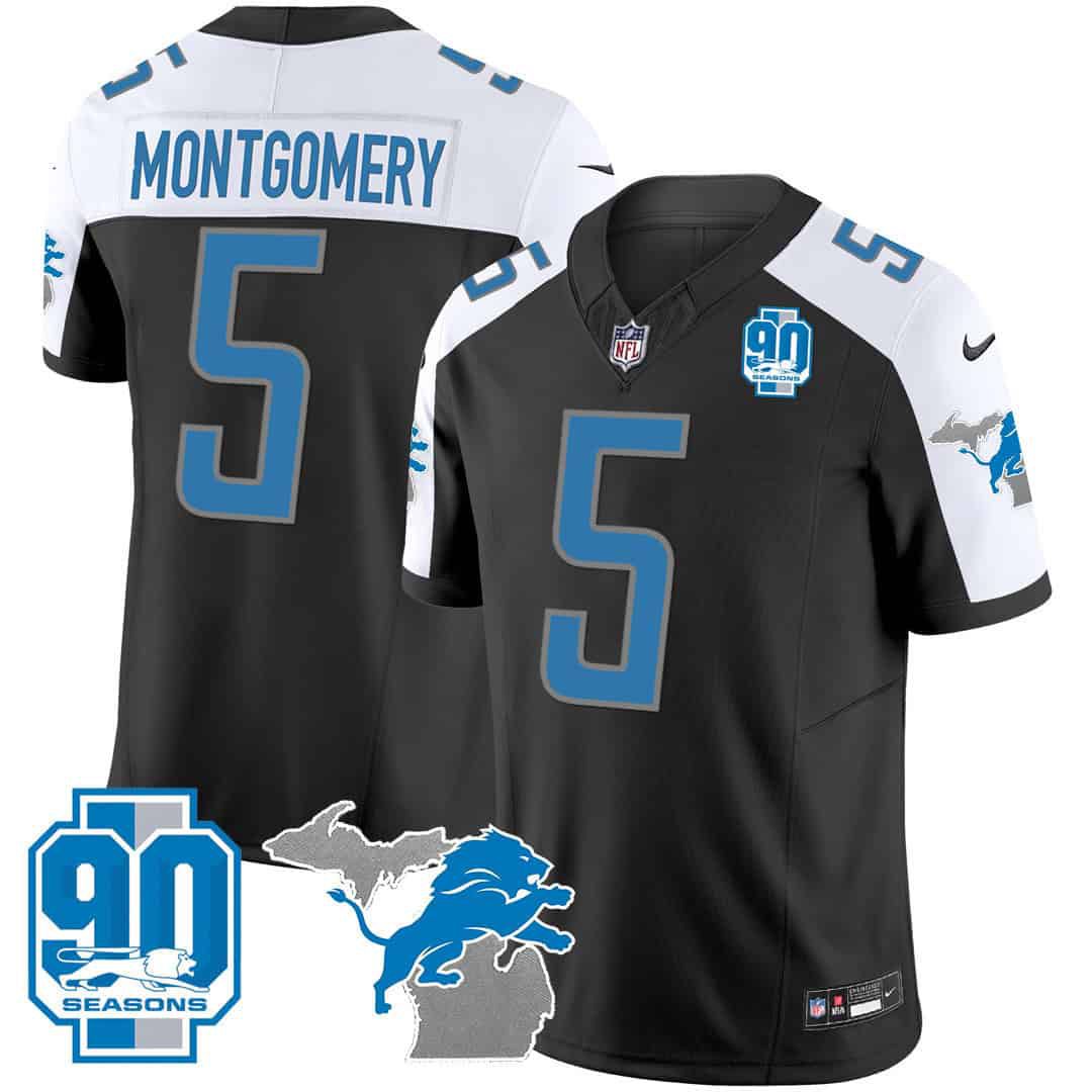Men Detroit Lions #5 Montgomery Black 2024 Nike 90th Year Michigan Patch Vapor NFL Jersey